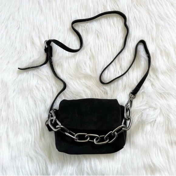 Free People Handbags - Free People Charlie Chain Crossbody Bag Black Genuine Suede Flap Purse